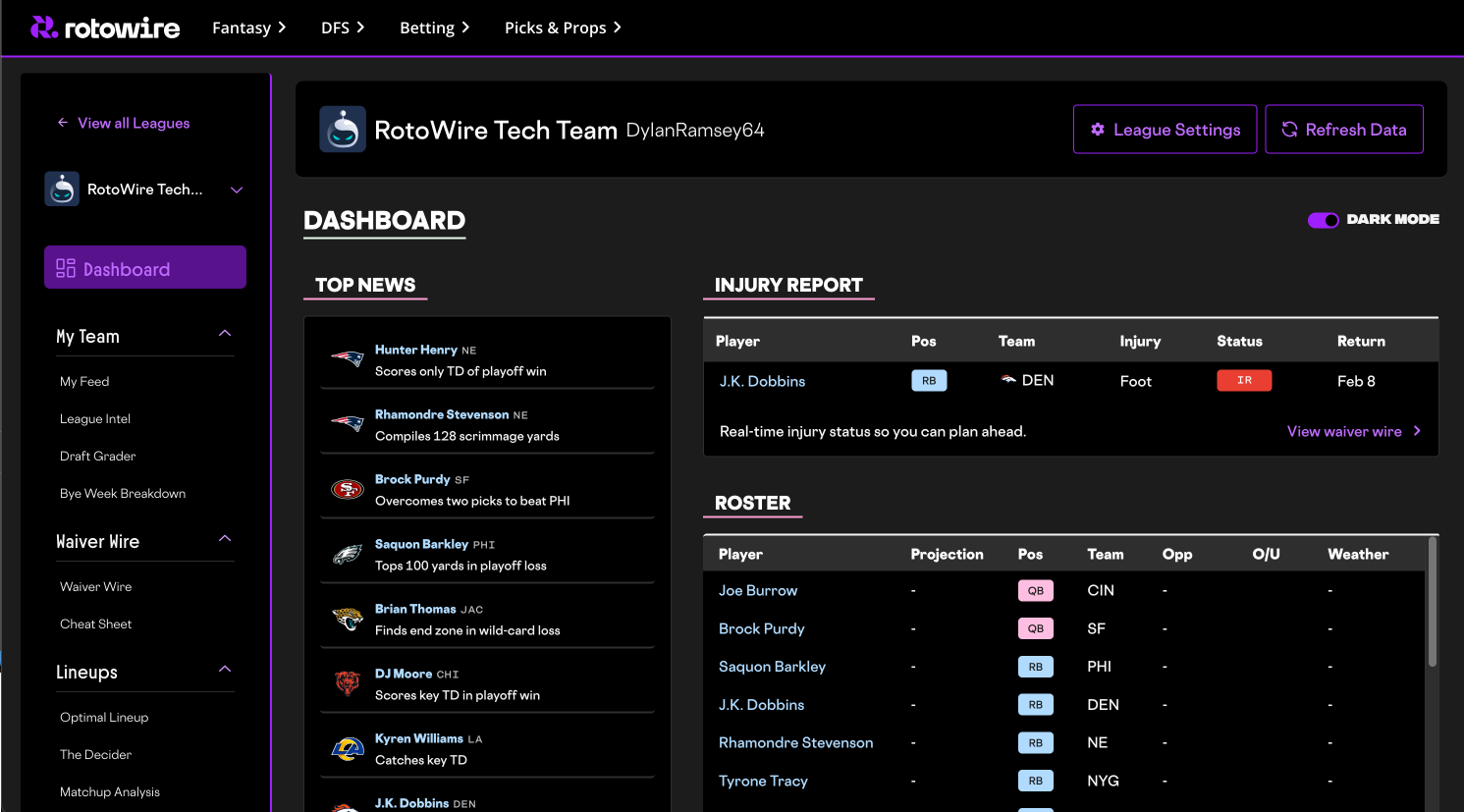 RotoWire "My Leagues"